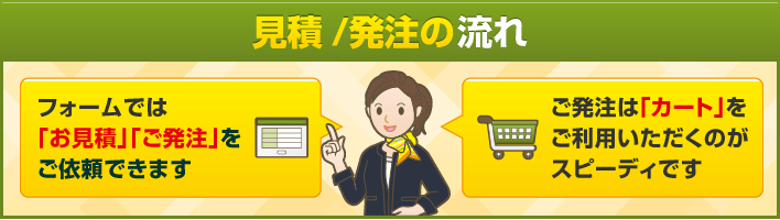 見積/発注の流れ フォームでは「お見積」「ご発注」をご依頼できます ご発注は「カート」をご利用いただくのがスピーディです