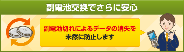 副電池交換でさらに安心　副電池切れによるデータの消失を未然に防止します