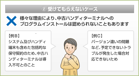 ② 受けてもらえないケース 様々な理由により、中古ハンディターミナルへの プログラムインストールは認められないこともあります 【例Ｂ】システム及びハンディ端末も含めた包括的な保守契約のため、中古ハンディターミナルは導入不可とのこと 【例Ｃ】バージョン違いの問題など、予定できないトラブルが発生した場合対応できないため